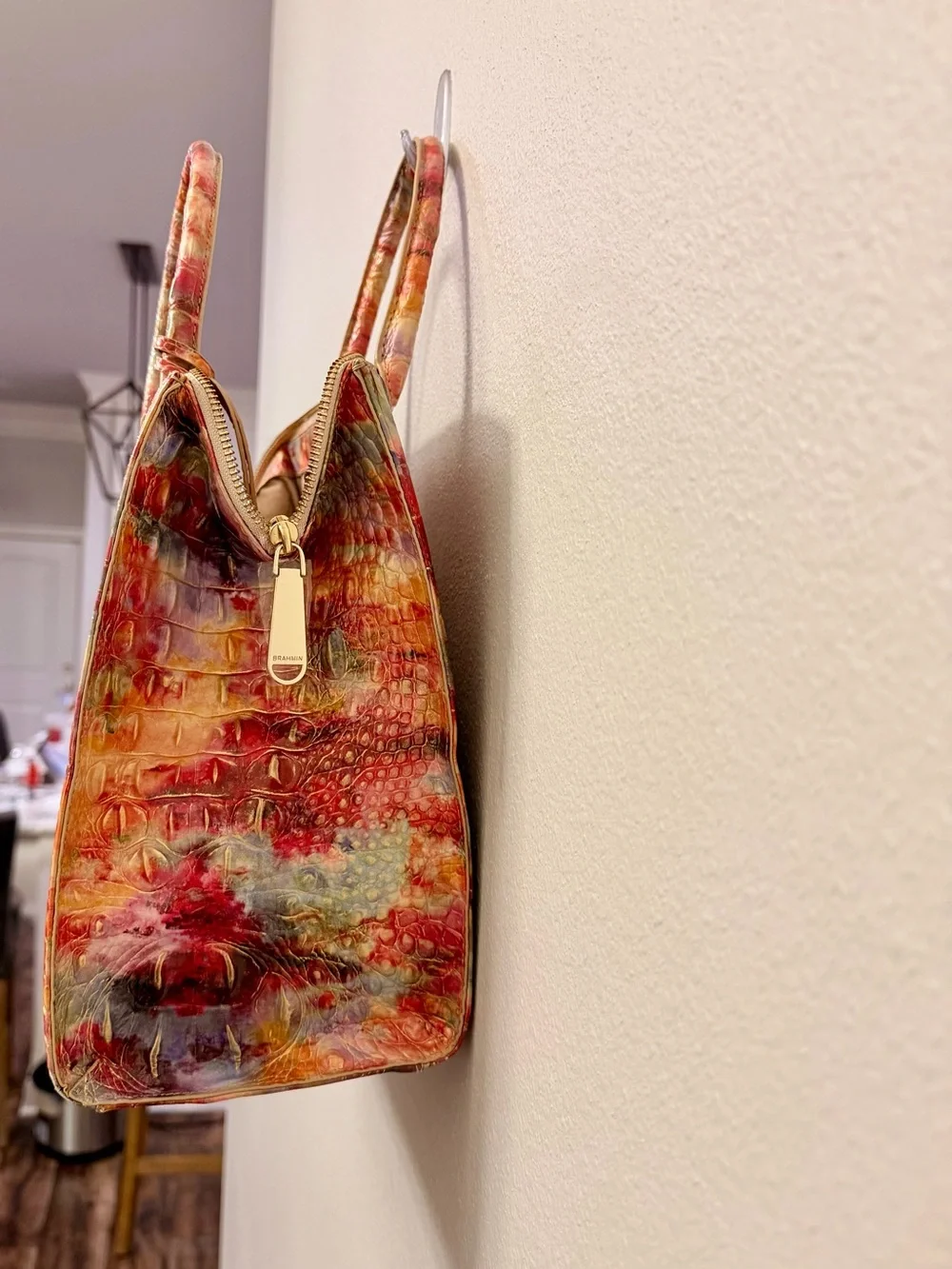 Brahmin Multicolor Croc-Embossed Satchel — Red, Yellow, Blue Accents